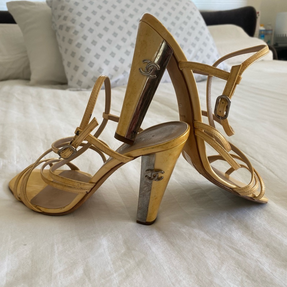 CHANEL Gold Strappy High Heel Sandals - Picture 6 of 16